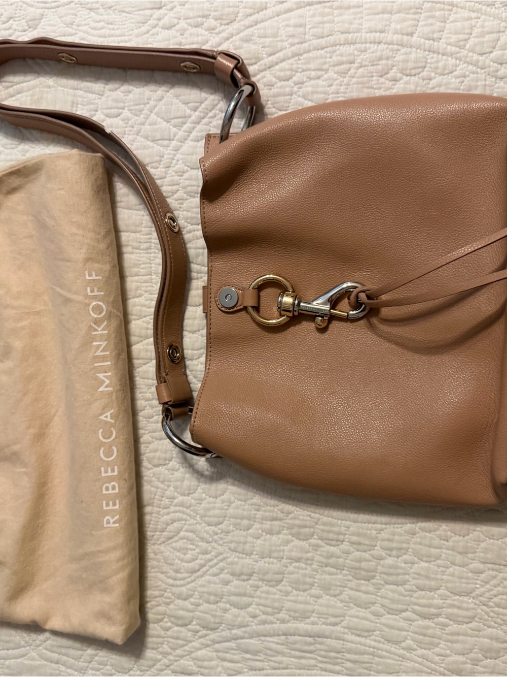 Rebecca Minkoff Cognac Pebbled Leather Shoulder Bag with Mixed Metal Hardware